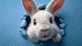 A white rabbit peeking through a hole in a blue wall with its ears and face visible close up Royalty Free Stock Photo