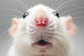 Close up of a white rat with a funny expression on face