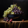 Close up of white and red grapes in bowl on black background, created using generative ai technology Royalty Free Stock Photo