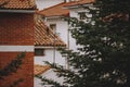 Close-up white and red rural house facades through the trees Royalty Free Stock Photo