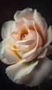 a close up of a white rose on a black background with a light reflection on the petals and the center part of the flower with a