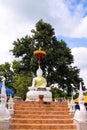 White seated buddha image on bodhi tree and blue sky background at Aranyaram temple Lamphun , Thailand