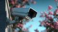 Security camera mounted on a wall against a blurred background of pink flowers and a blue sky Royalty Free Stock Photo