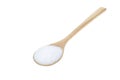 Close up of white sugar in wooden spoon isolated on white Royalty Free Stock Photo