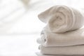 Close up, white terry bath towels stacked, spa concept. Royalty Free Stock Photo