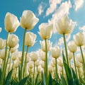 Close-up of white tulips field against blue sky background. Spring landscape concept. Generative AI Royalty Free Stock Photo