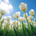 Close-up of white tulips field against blue sky background. Spring landscape concept. Generative AI Royalty Free Stock Photo