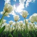 Close-up of white tulips field against blue sky background. Spring landscape concept. Generative AI Royalty Free Stock Photo