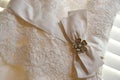 Close Up of White Wedding Dress Details with bejeweled Bow Royalty Free Stock Photo