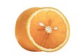 Close up whole orange fruit and sliced orange with pips looking to a cat head on white