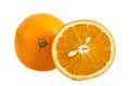 Close up whole orange fruit and sliced orange with pips looking to a cat head on white
