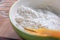 Close up whole wheat flour in bowl for healthy