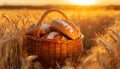Wicker Basket Full of Loaves of Bread in a Wheat Field - Generative Ai