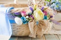 Close up wicker basket with original floral decor Royalty Free Stock Photo