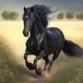 Close up of wild black horse running in field, created using generative ai technology Royalty Free Stock Photo