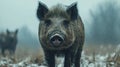 Close-up of wild boar in snowy winter forest Royalty Free Stock Photo