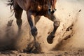 close-up of a wild horses hooves kicking up dust while galloping Royalty Free Stock Photo