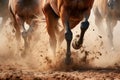 close-up of wild horses hooves kicking up dust while galloping Royalty Free Stock Photo