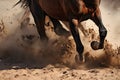 close-up of a wild horses hooves kicking up dust while galloping Royalty Free Stock Photo