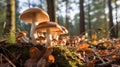Close up of wild mushrooms stock photo Edible Mushroo. Generative AI Royalty Free Stock Photo