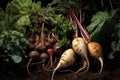 close-up of wild root vegetables in soil