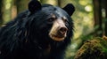 Close up, wild sloth bear, Melursus ursinus, in the forest. Sloth bear staring directly at camera, wildlife photo