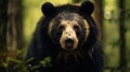 Close up, wild sloth bear, Melursus ursinus, in the forest. Sloth bear staring directly at camera, wildlife photo