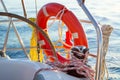 Close up of winch, handwheel, lifebuoy, wropes on sailing yacht