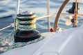 Close up of winch, wropes and sailing stuff on yacht