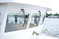 Close up of the windows and wipers of a modern, white boat Royalty Free Stock Photo
