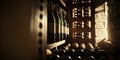 Close-up with wine bottles on traditional rustic wooden shelf