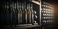 Close-up with wine bottles on traditional rustic wooden shelf Royalty Free Stock Photo