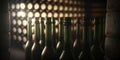 Close-up with wine bottles on traditional rustic wooden shelf Royalty Free Stock Photo