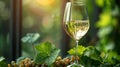 Close-up of wine glass and single grape leaf