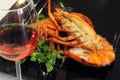 Close-up of wine and lobster