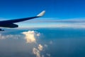 Close Up of Wing of an Airplane in flight on Partially Cloudy Sky Background Royalty Free Stock Photo