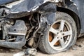 close-up of the wing and flat tire of the car after an accident. Royalty Free Stock Photo