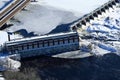 Close up winter aerial hydroelectric dam