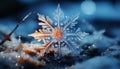 Close up winter nature snow, ice, season, blue frost backgrounds Snowflake frozen leaf decoration generated by AI