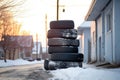 close-up of winter tires stacked beside a car