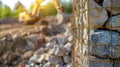 A close-up of a wire mesh filled with stones, with a blurred construction site in the background. An excavator Royalty Free Stock Photo