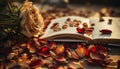 Close-up of a withered rose and scattered petals surrounding an open book, bathed in the soft golden light of sunset Royalty Free Stock Photo