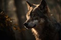 a close up of a wolf in a forest with trees in the background and sunlight shining on the wolf\'s head and eyes