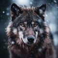 A close up of a wolf looking at the camera in snow, AI Royalty Free Stock Photo