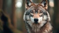 A close up of a wolf looking into the camera with trees in background, AI Royalty Free Stock Photo