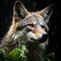 a close up of a wolf in the rain