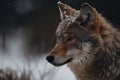 a close up of a wolf with snow on its face and head, looking at the camera, with a blurry background of trees and snow on the Royalty Free Stock Photo