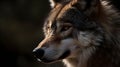 Close up of Wolfdog face looking at something straight forward, with nature background