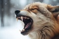 close-up of a wolfs face mid-howl in the snow