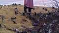 Close-up of woman in autumn boots walking on sand. Stock footage. Beautiful young woman walks along beach sand on cloudy